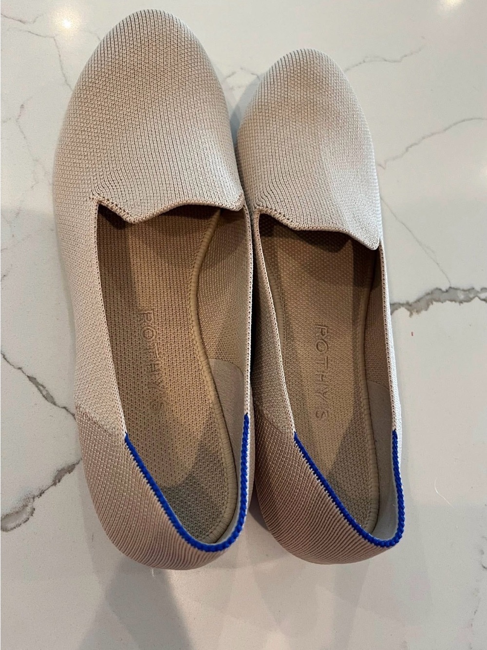 Rothy's Beige Knit Slip-On Flats with Blue Trim